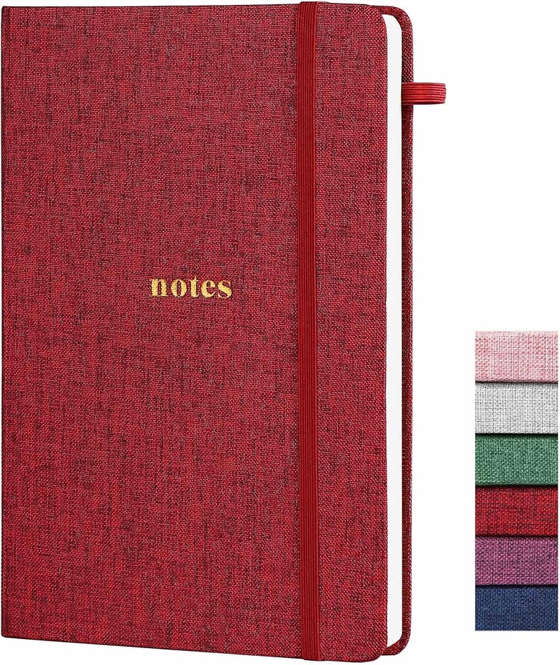 TSFPapier A5 Lined Journal Notebook – Hardcover Fabric Cover 160 Pages 100 GSM Thick Paper With Elastic Band & Pen Holder College Ruled Writing Notebooks for Work School Travel Dark Red - Image 1
